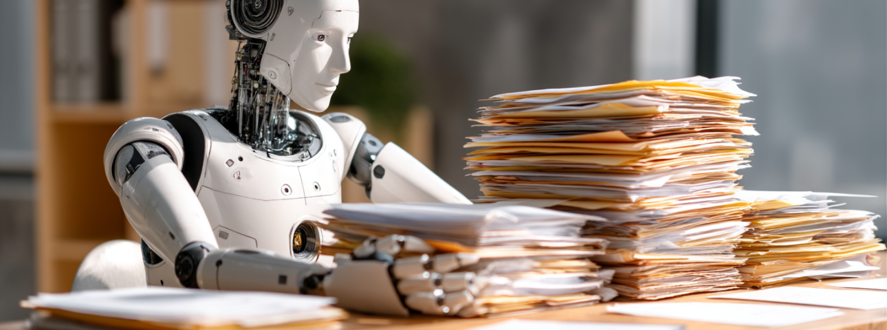 Um robô humanoide branco está sentado em uma mesa de madeira, cercado por grandes pilhas de documentos e pastas de escritório.