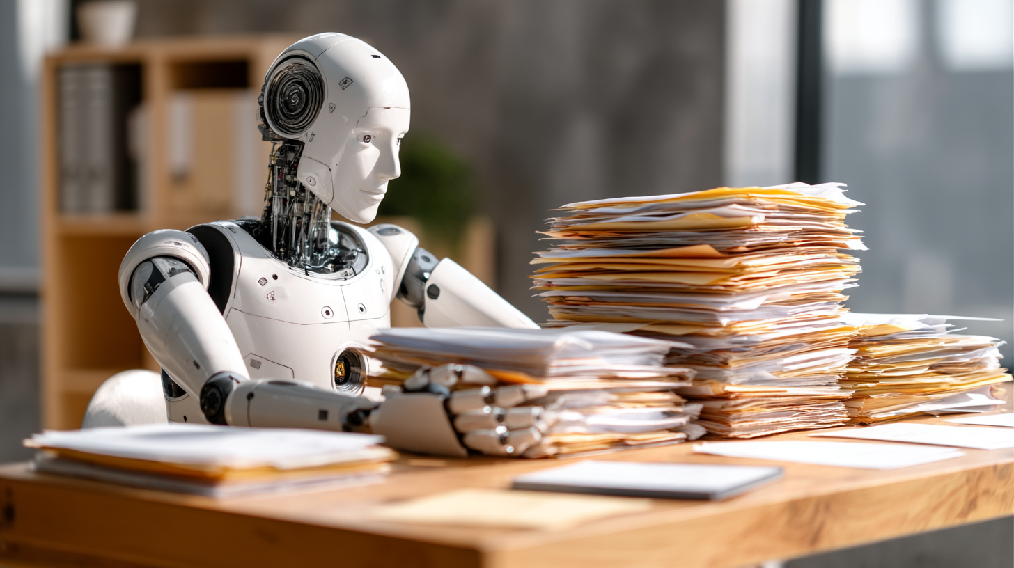 Um robô humanoide branco está sentado em uma mesa de madeira, cercado por grandes pilhas de documentos e pastas de escritório.