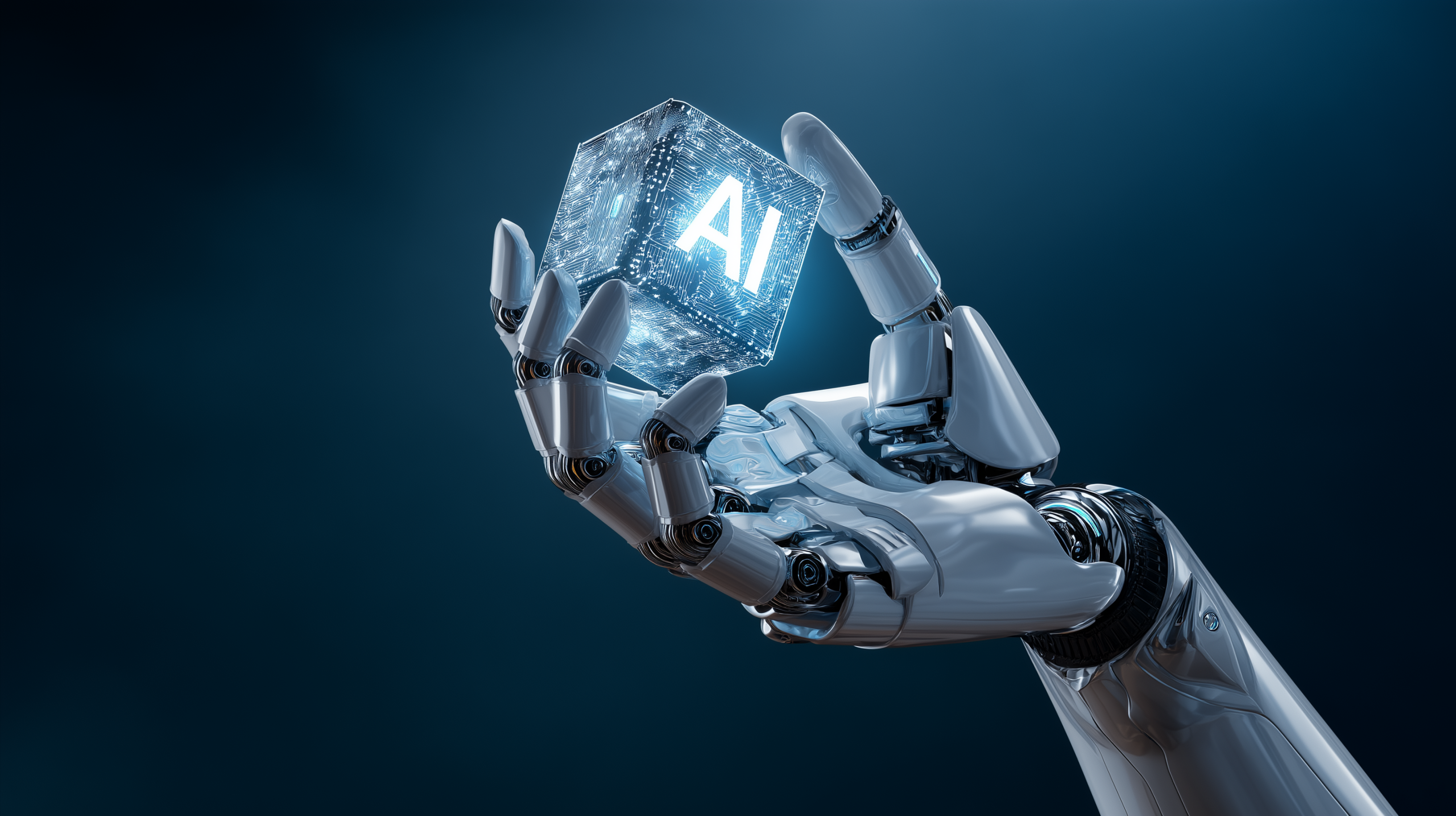 Uma mão robótica branca e metálica segura um cubo digital azul brilhante com o texto "AI", simbolizando inteligência artificial em um fundo escuro.