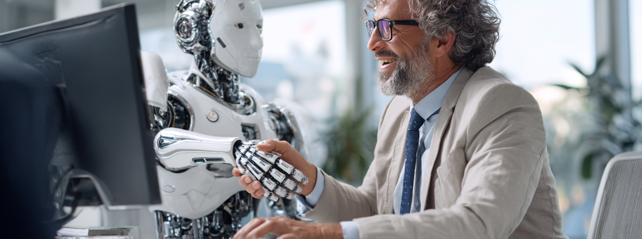 Em um escritório iluminado, um homem sorridente de terno e um robô branco apertam as mãos sobre uma mesa com um computador, mostrando interação.