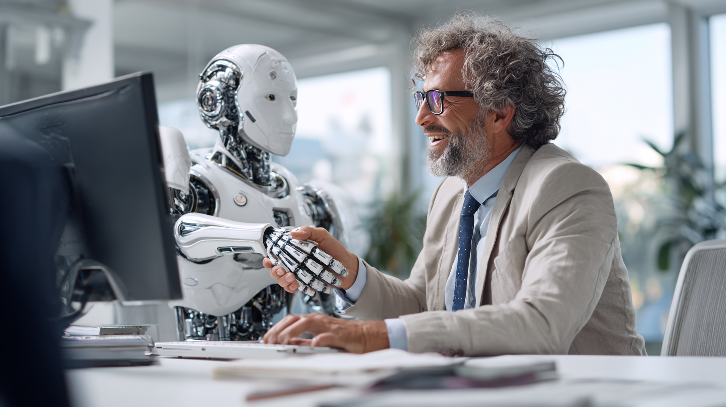 Em um escritório iluminado, um homem sorridente de terno e um robô branco apertam as mãos sobre uma mesa com um computador, mostrando interação.